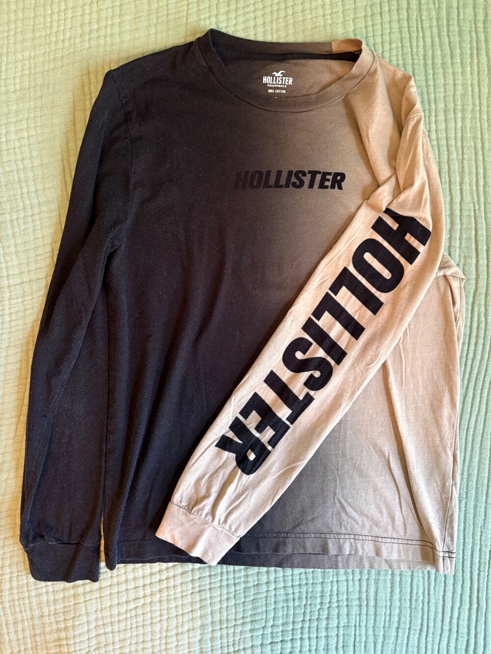 Hollister California XS Color block Ombre Long Sleeve Shirt Black Tan Logo Y2K